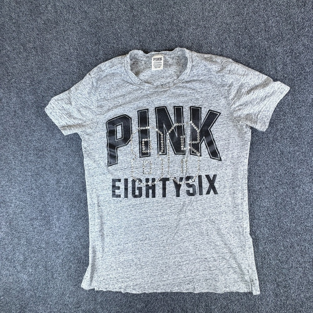 Pink Victoria's Secret T-Shirt Womens XS Heather Gray #86 Rhinestone Cotton